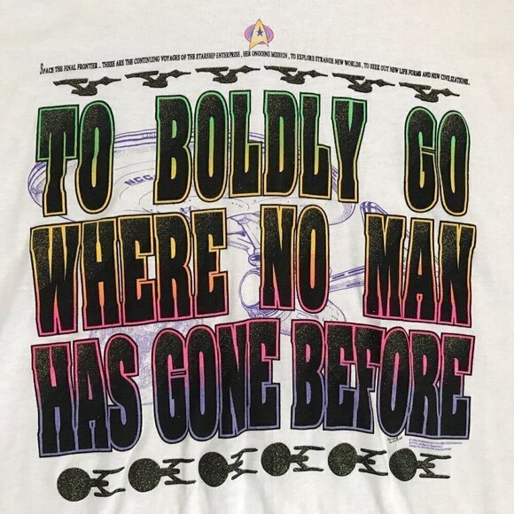 Vtg 90s Star Trek Glitter Graphic T-Shirt To Boldly Go USS Enterprise Ship 2XL - Picture 6 of 12
